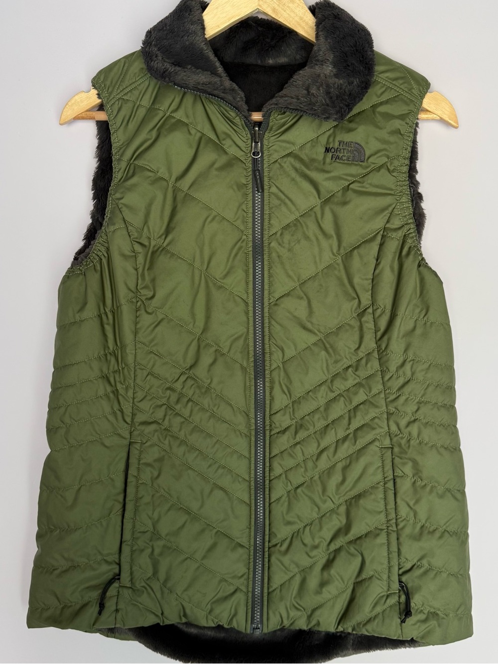 The North Face Olive Green Quilted Faux-Fur Vest